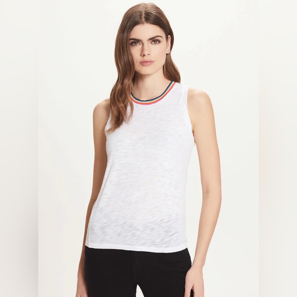 Goldie White Rainbow Trim Sleeveless Crewneck Tank Top Women’s Size Large